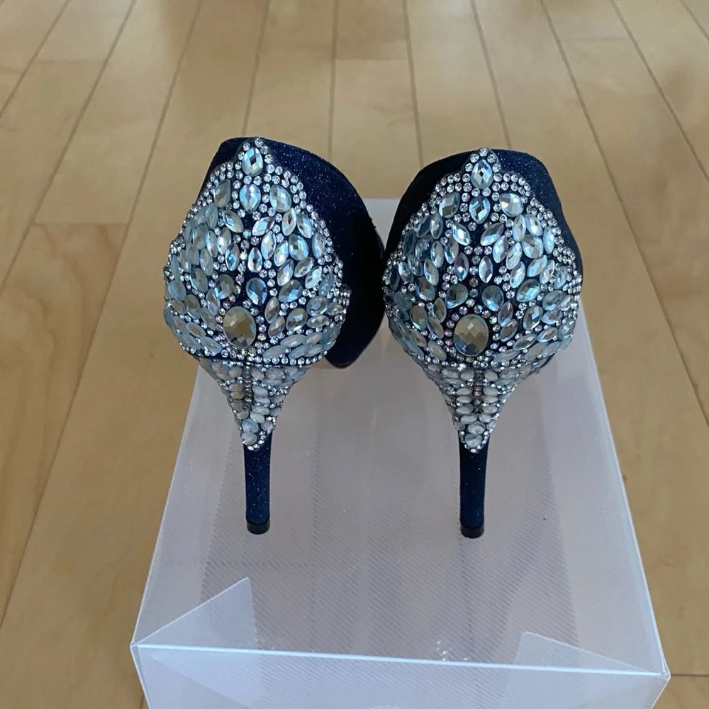 Women's Navy Glitter Peep-Toe Heels with Crystal Accent